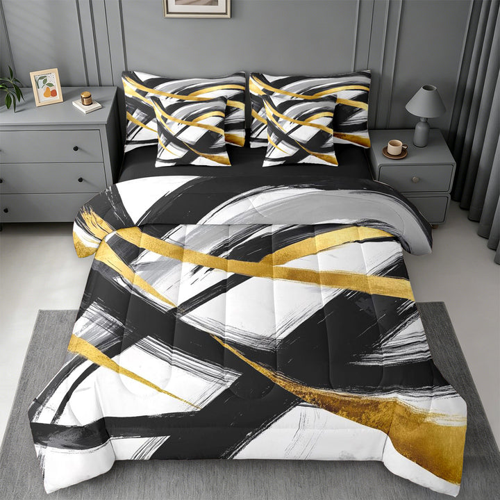 meiyoeat Black Gold Graffiti 7-Piece King Bedding For Kids,Modern Abstract Geometric King Bed in a Bag For Adults,Black Reversible
