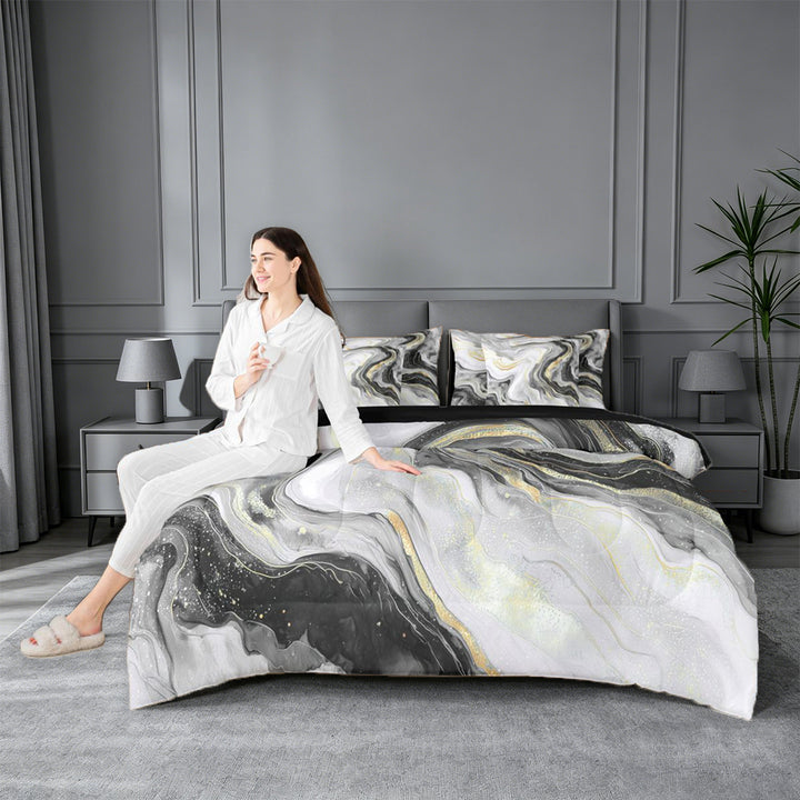 meiyoeat Modern Marble Art 7-Piece King Bedding For Women Men,Abstract Swirl Design King Bed in a Bag For Adults,Black Reversible