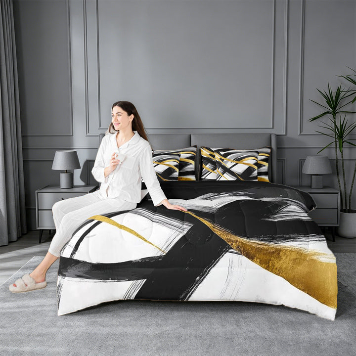 meiyoeat Black Gold Graffiti 7-Piece King Bedding For Kids,Modern Abstract Geometric King Bed in a Bag For Adults,Black Reversible