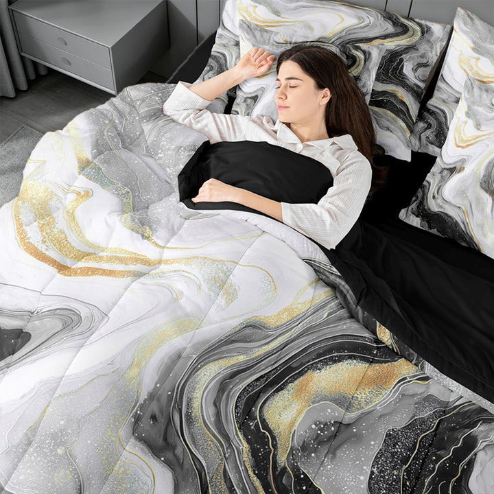 meiyoeat Modern Marble Art 7-Piece King Bedding For Women Men,Abstract Swirl Design King Bed in a Bag For Adults,Black Reversible