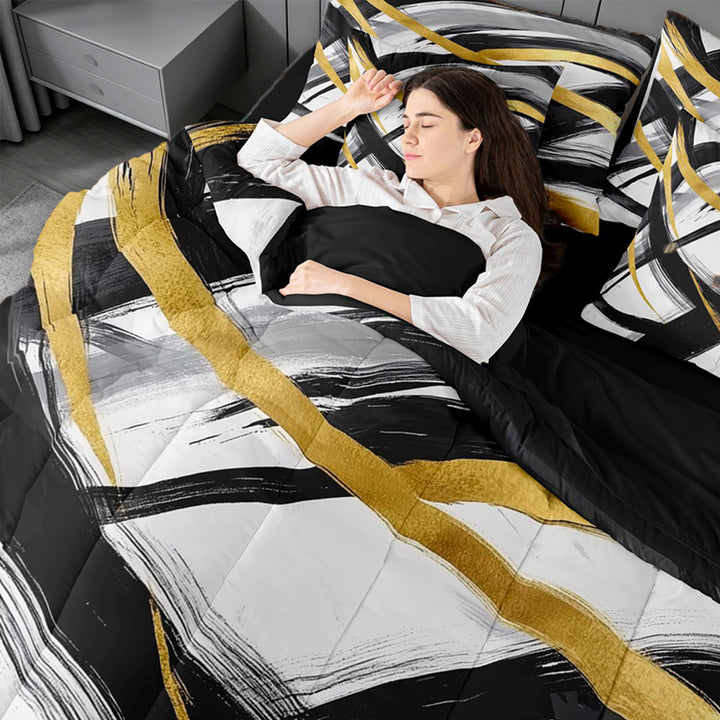 meiyoeat Black Gold Graffiti 7-Piece King Bedding For Kids,Modern Abstract Geometric King Bed in a Bag For Adults,Black Reversible