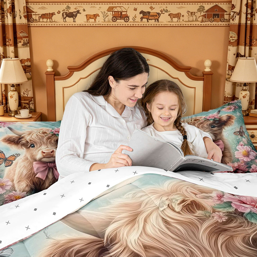 meiyoeat highland Cattle Pink Flower 7 Pieces Full Size Bedding Sets,Colorful Butterfly Farm Animal Print Full Size Bed in a Bag,Reversible