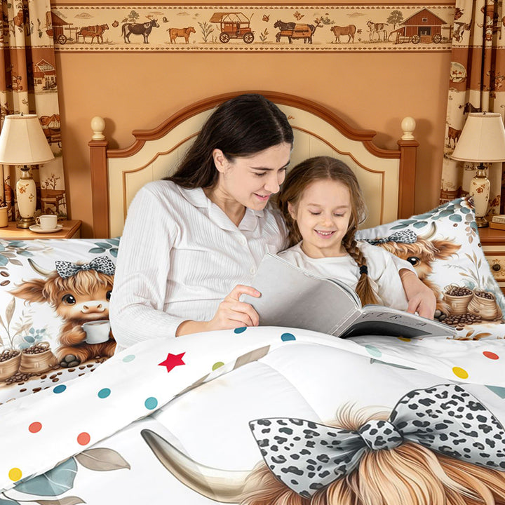 meiyoeat Coffee Highland Cow 7 Pieces Full Size Bedding Sets,Cute Farm Animal Full Size Bed in a Bag For Girl,Reversible