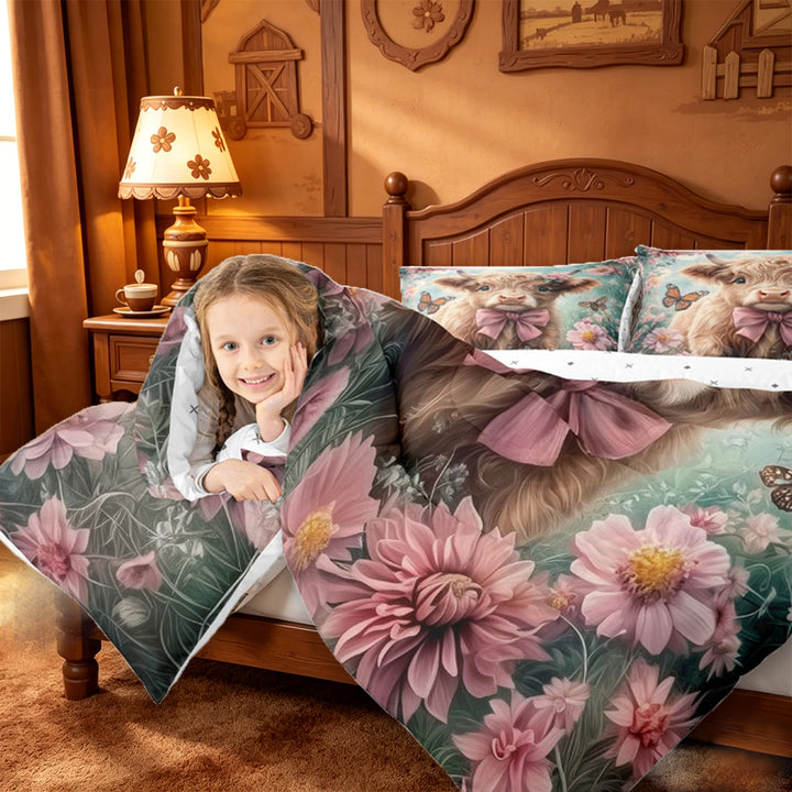 meiyoeat highland Cattle Pink Flower 7 Pieces Full Size Bedding Sets,Colorful Butterfly Farm Animal Print Full Size Bed in a Bag,Reversible