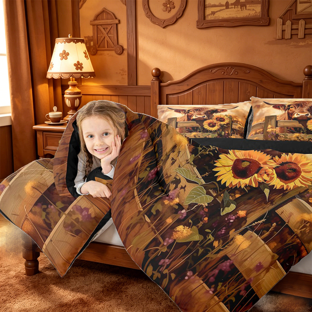 meiyoeat rustic Farm Animal 7 Pieces Full Size Bedding Sets,Country Farm Highland Cow Sunflower Full Size Bed in a Bag,Reversible