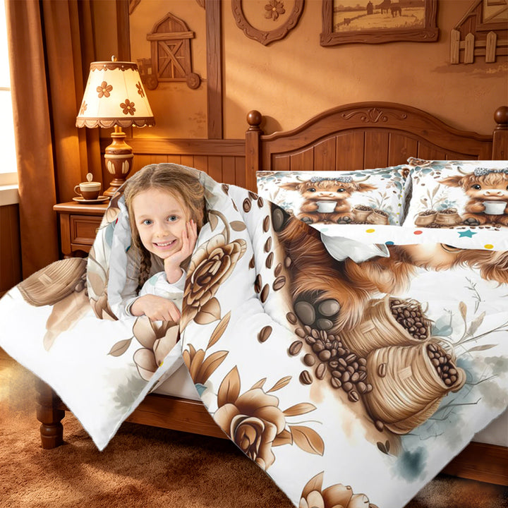 meiyoeat Coffee Highland Cow 7 Pieces Full Size Bedding Sets,Cute Farm Animal Full Size Bed in a Bag For Girl,Reversible