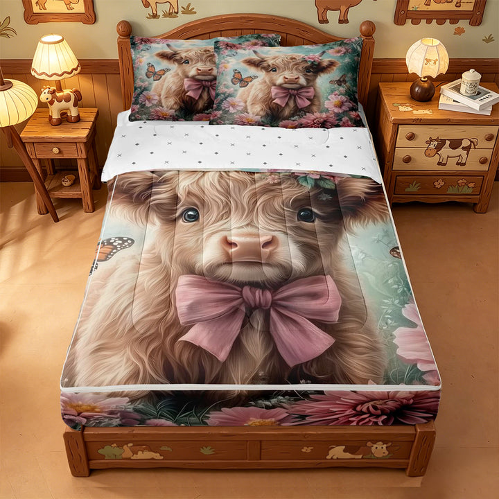 meiyoeat highland Cattle Pink Flower Zipper Full Size Comforter Sets with Fitted Sheet and 2 Pillowcases,Colorful Butterfly Farm Animal Print Zipper Bedding Set,Reversible,4-Piece