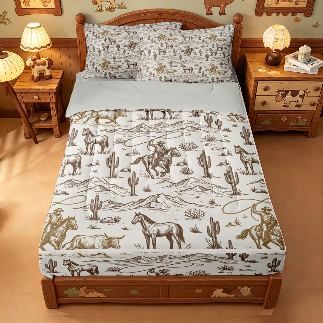 meiyoeat western Cowboy Style Zipper Full Size Comforter Sets with Fitted Sheet and 2 Pillowcases,Vintage Farmhouse Zipper Bedding Set,Reversible,4-Piece