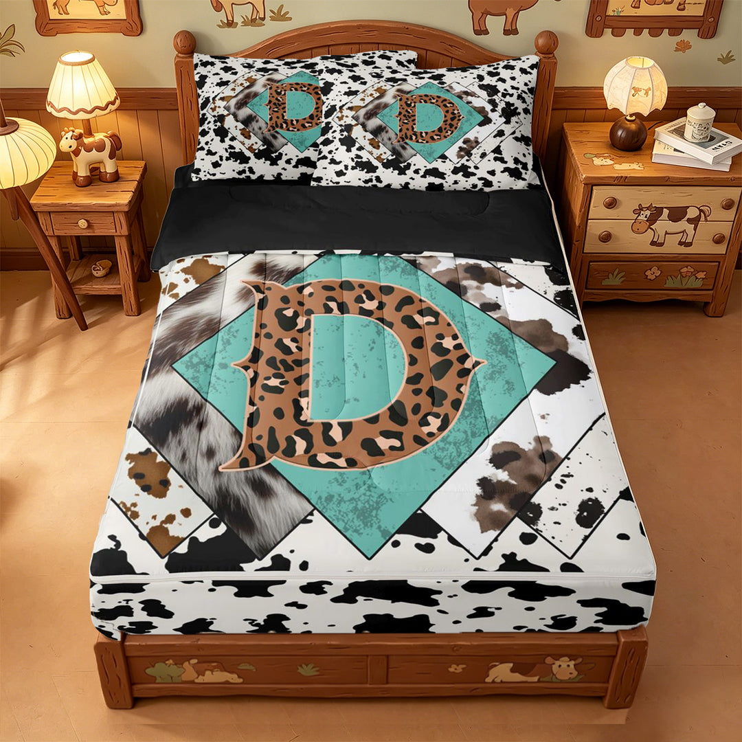 meiyoeat Western Cow Print Monogram D Zipper Full Size Comforter Sets with Fitted Sheet and 2 Pillowcases For Boys,Leopard Initial Print Zipper Bedding Set,Black Reversible,4-Piece