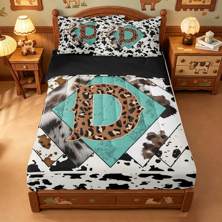 meiyoeat Western Cow Print Monogram D Zipper Full Size Comforter Sets with Fitted Sheet and 2 Pillowcases For Boys,Leopard Initial Print Zipper Bedding Set,Black Reversible,4-Piece