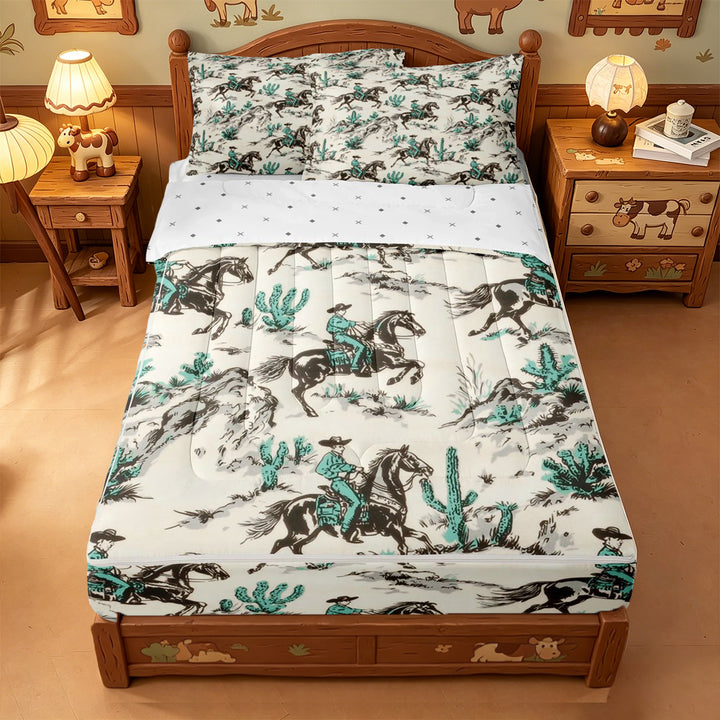 meiyoeat Cowboy Horse Pattern Zipper Full Size Comforter Sets with Fitted Sheet and 2 Pillowcases For Boys,Western Print Zipper Bedding Set,Reversible,4 Pieces