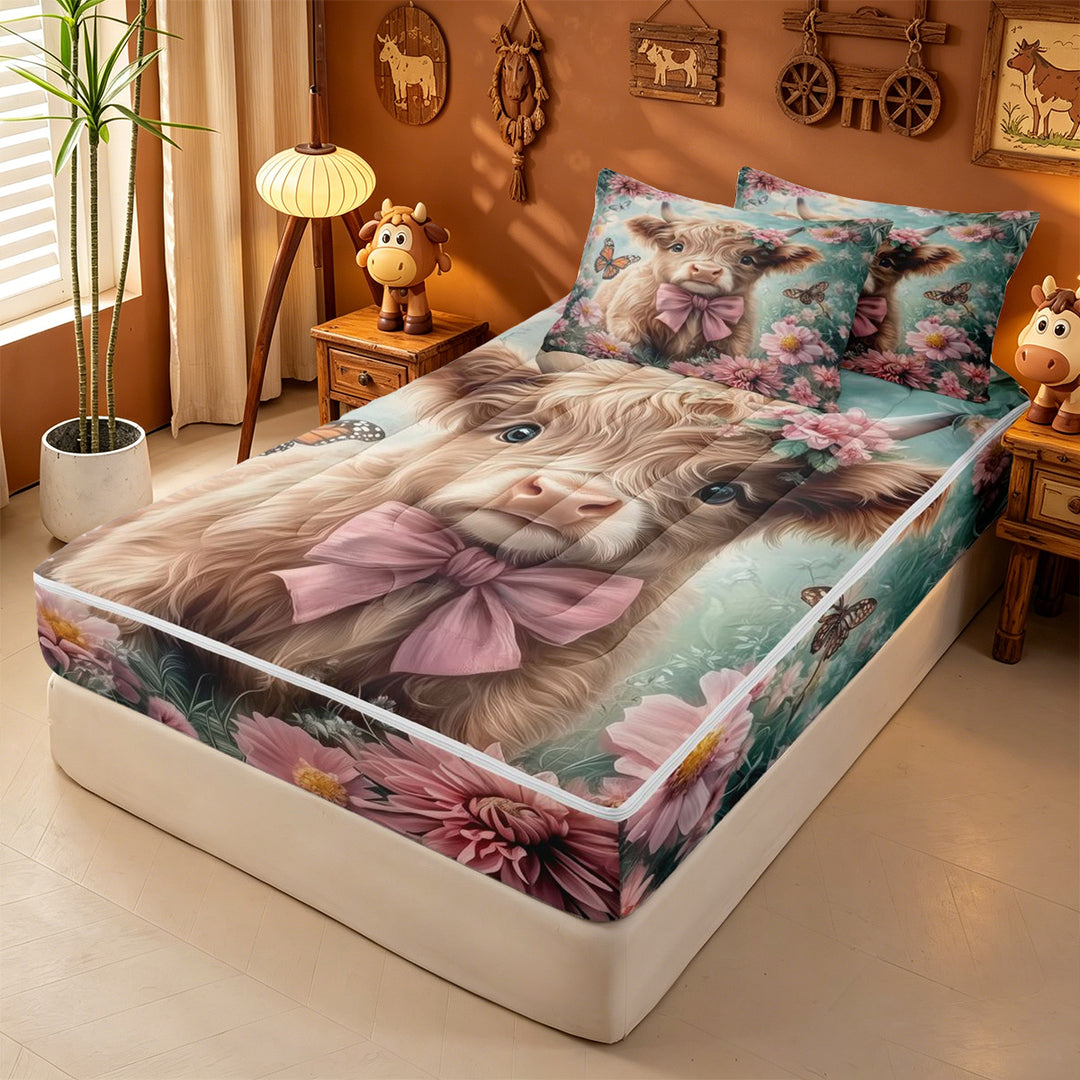 meiyoeat highland Cattle Pink Flower Zipper Full Size Comforter Sets with Fitted Sheet and 2 Pillowcases,Colorful Butterfly Farm Animal Print Zipper Bedding Set,Reversible,4-Piece
