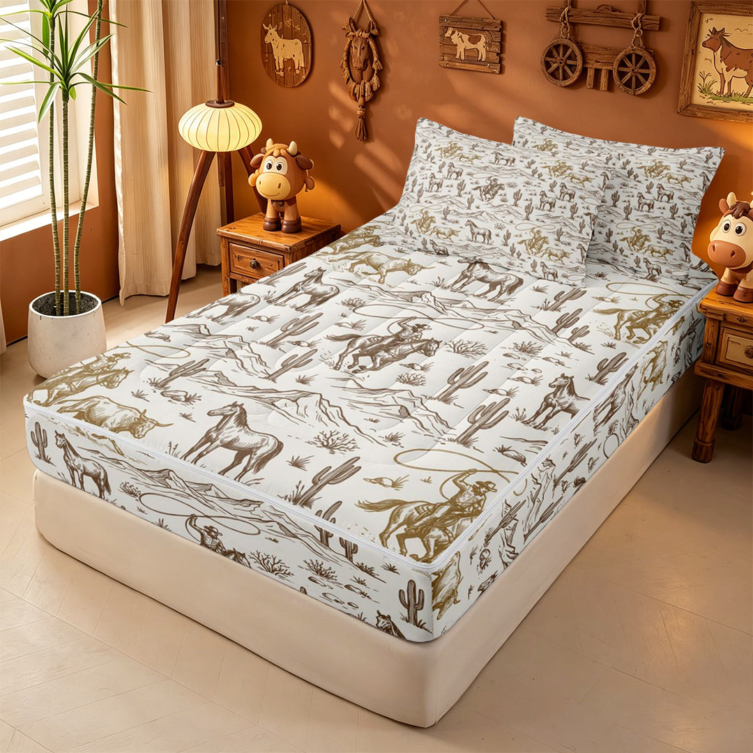 meiyoeat western Cowboy Style Zipper Full Size Comforter Sets with Fitted Sheet and 2 Pillowcases,Vintage Farmhouse Zipper Bedding Set,Reversible,4-Piece