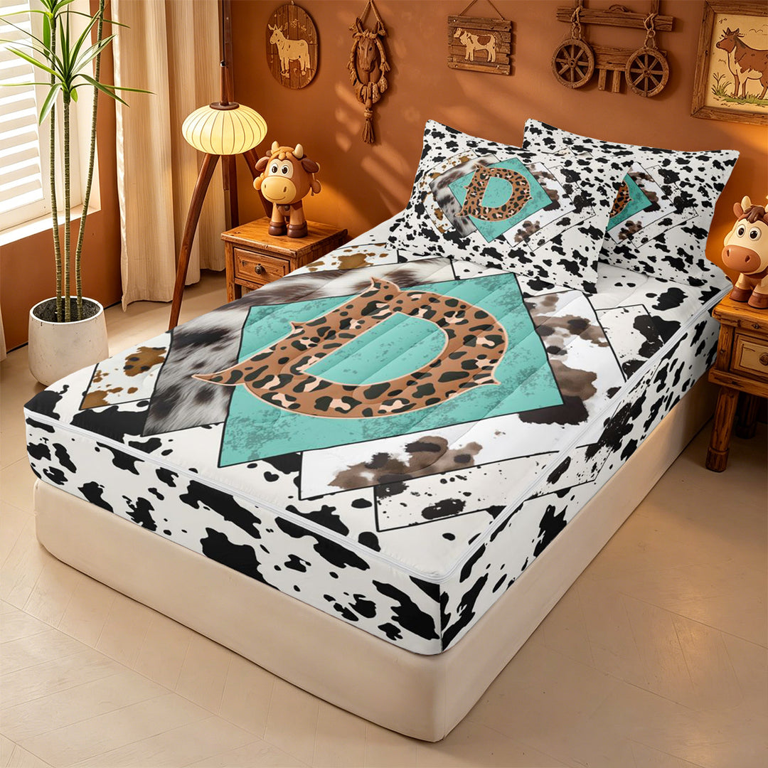 meiyoeat Western Cow Print Monogram D Zipper Full Size Comforter Sets with Fitted Sheet and 2 Pillowcases For Boys,Leopard Initial Print Zipper Bedding Set,Black Reversible,4-Piece