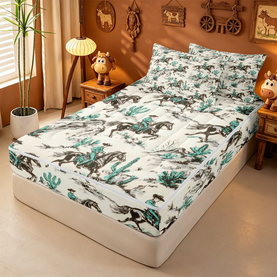 meiyoeat Cowboy Horse Pattern Zipper Full Size Comforter Sets with Fitted Sheet and 2 Pillowcases For Boys,Western Print Zipper Bedding Set,Reversible,4 Pieces