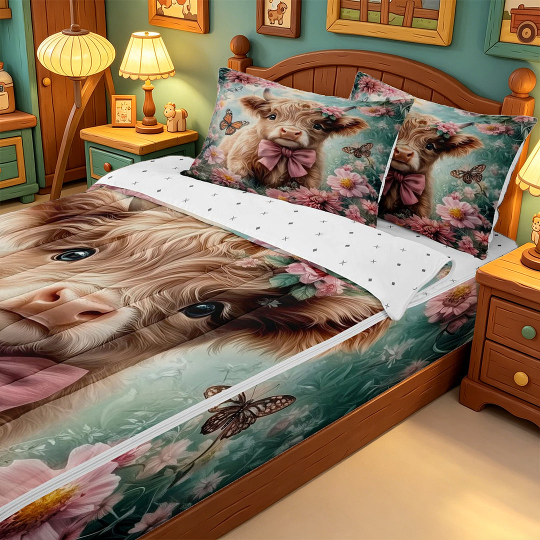meiyoeat highland Cattle Pink Flower Zipper Full Size Comforter Sets with Fitted Sheet and 2 Pillowcases,Colorful Butterfly Farm Animal Print Zipper Bedding Set,Reversible,4-Piece