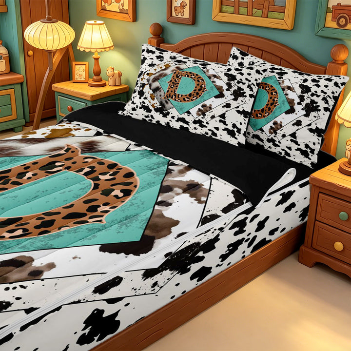 meiyoeat Western Cow Print Monogram D Zipper Full Size Comforter Sets with Fitted Sheet and 2 Pillowcases For Boys,Leopard Initial Print Zipper Bedding Set,Black Reversible,4-Piece