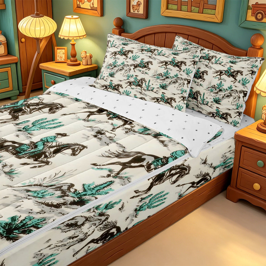 meiyoeat Cowboy Horse Pattern Zipper Full Size Comforter Sets with Fitted Sheet and 2 Pillowcases For Boys,Western Print Zipper Bedding Set,Reversible,4 Pieces