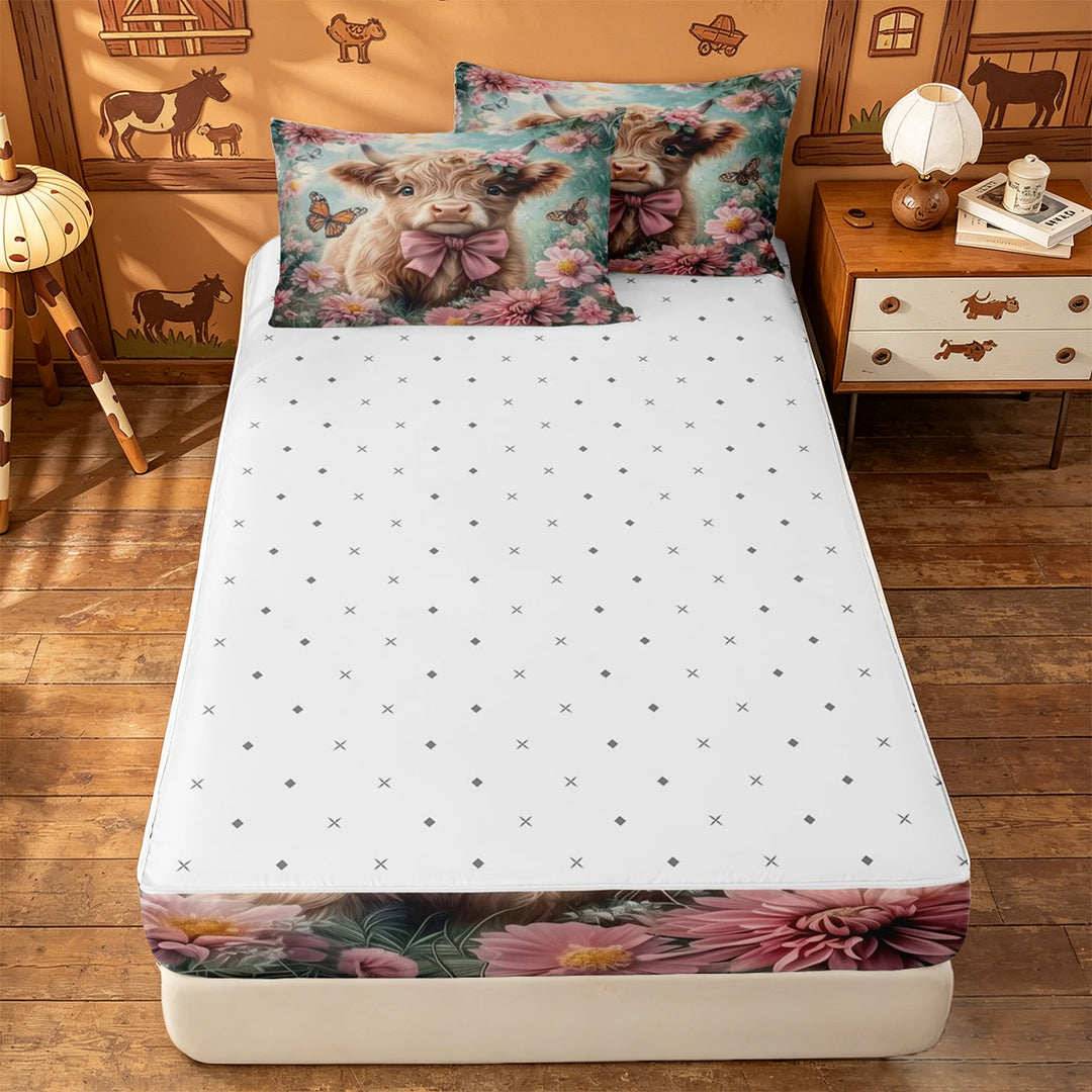meiyoeat highland Cattle Pink Flower Zipper Full Size Comforter Sets with Fitted Sheet and 2 Pillowcases,Colorful Butterfly Farm Animal Print Zipper Bedding Set,Reversible,4-Piece