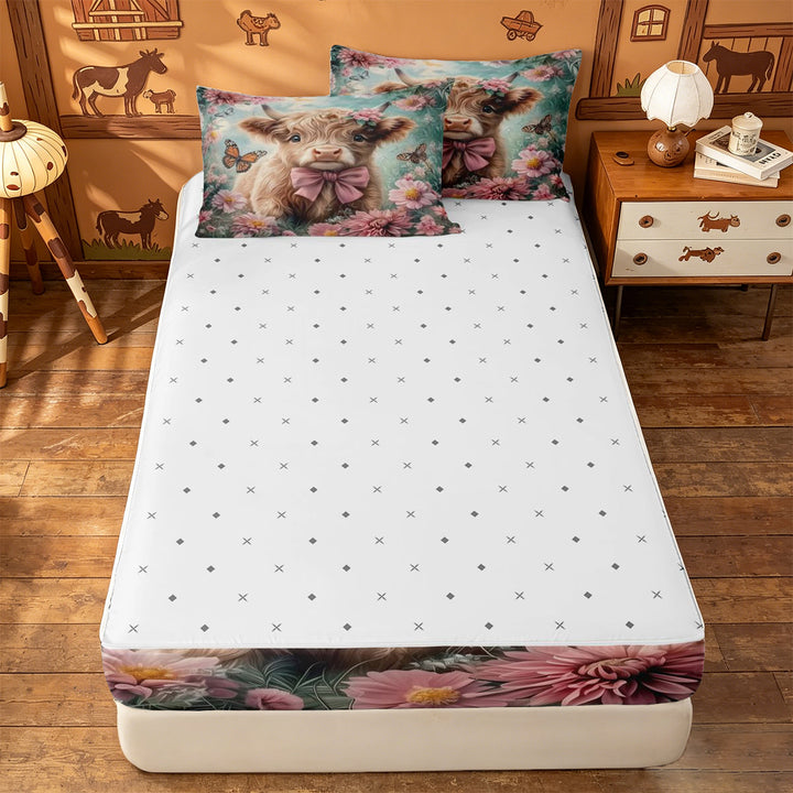 meiyoeat highland Cattle Pink Flower Zipper Full Size Comforter Sets with Fitted Sheet and 2 Pillowcases,Colorful Butterfly Farm Animal Print Zipper Bedding Set,Reversible,4-Piece