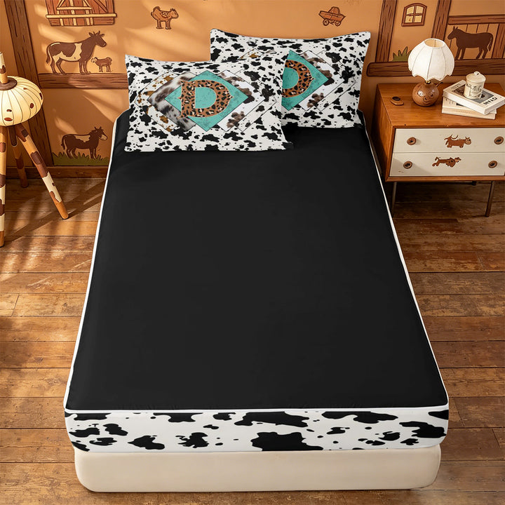 meiyoeat Western Cow Print Monogram D Zipper Full Size Comforter Sets with Fitted Sheet and 2 Pillowcases For Boys,Leopard Initial Print Zipper Bedding Set,Black Reversible,4-Piece