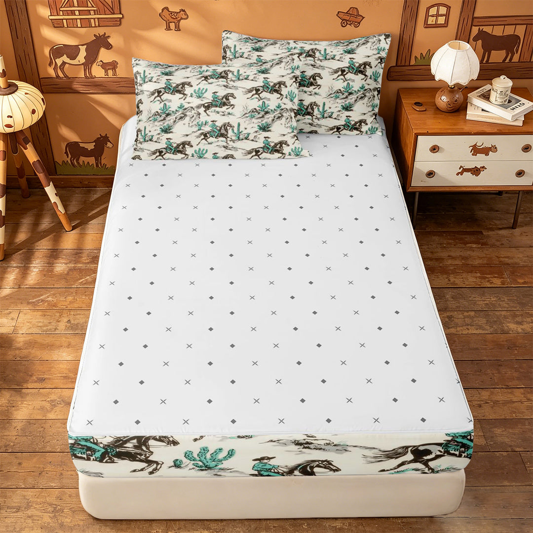 meiyoeat Cowboy Horse Pattern Zipper Full Size Comforter Sets with Fitted Sheet and 2 Pillowcases For Boys,Western Print Zipper Bedding Set,Reversible,4 Pieces