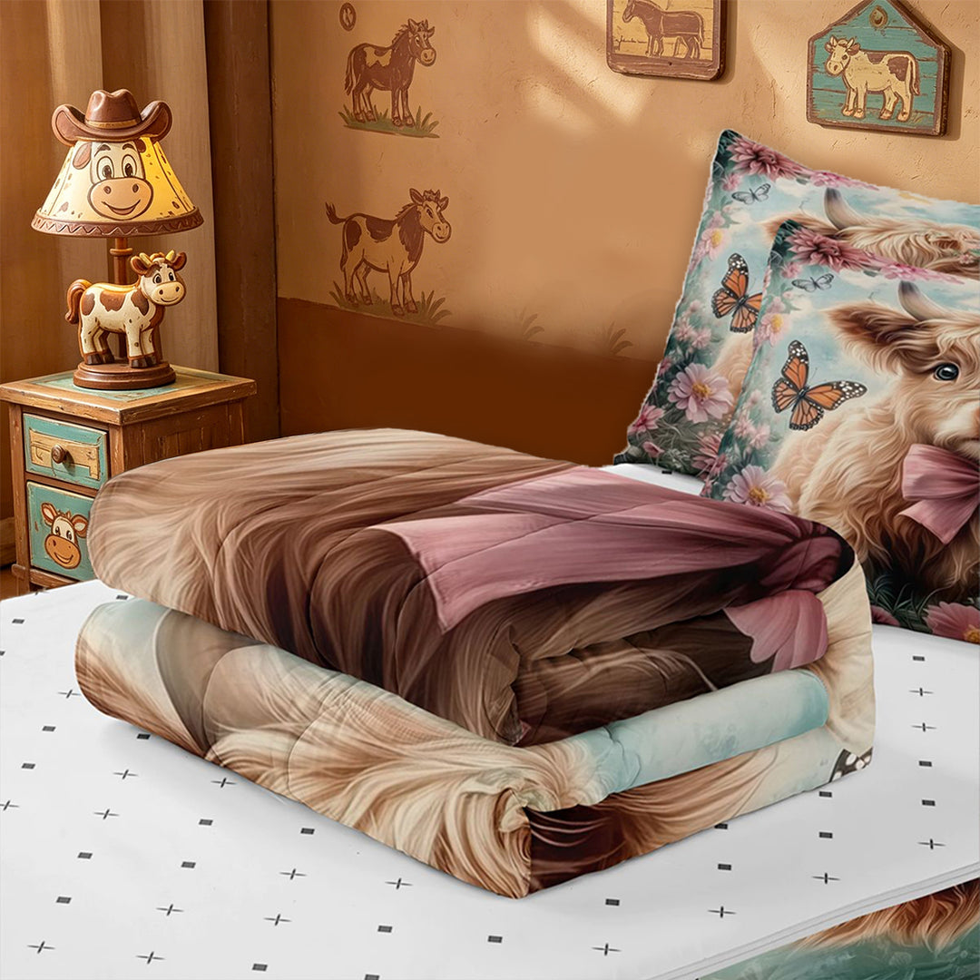 meiyoeat highland Cattle Pink Flower Zipper Full Size Comforter Sets with Fitted Sheet and 2 Pillowcases,Colorful Butterfly Farm Animal Print Zipper Bedding Set,Reversible,4-Piece