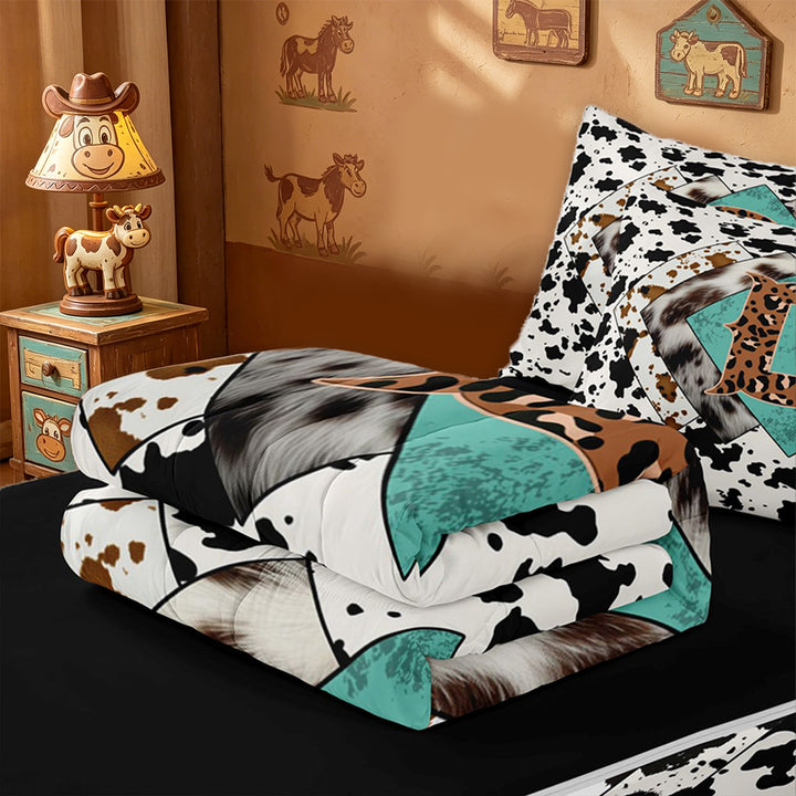 meiyoeat Western Cow Print Monogram D Zipper Full Size Comforter Sets with Fitted Sheet and 2 Pillowcases For Boys,Leopard Initial Print Zipper Bedding Set,Black Reversible,4-Piece