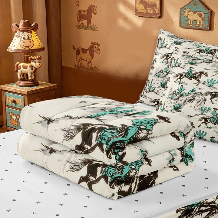 meiyoeat Cowboy Horse Pattern Zipper Full Size Comforter Sets with Fitted Sheet and 2 Pillowcases For Boys,Western Print Zipper Bedding Set,Reversible,4 Pieces