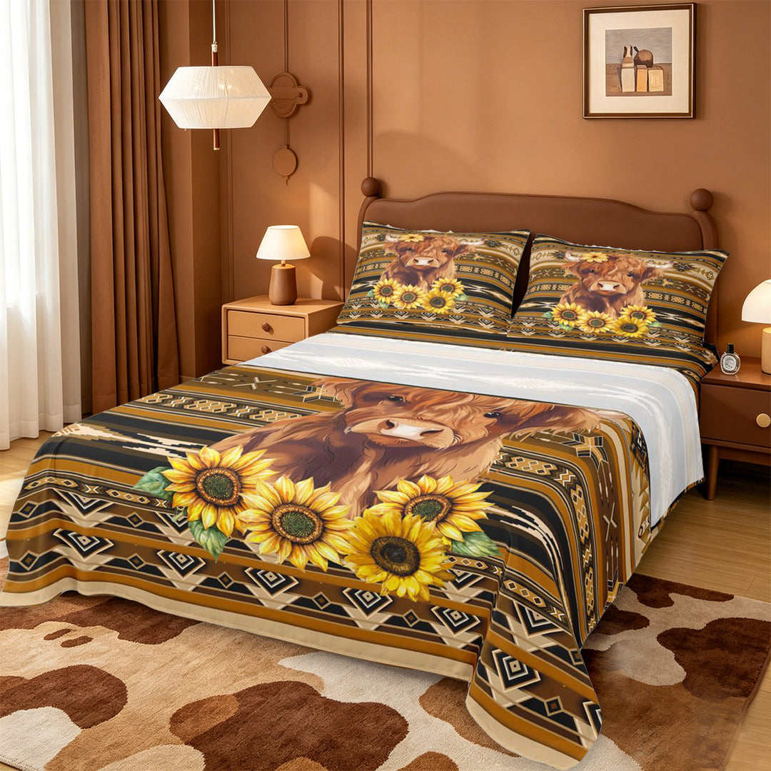 meiyoeat rustic Aztec Highland Cow Bed Sheets,Western Farm Print Full Size Sheets,4-Piece,1 Flat Sheet,1 Fitted Sheet and 2 Pillowcases