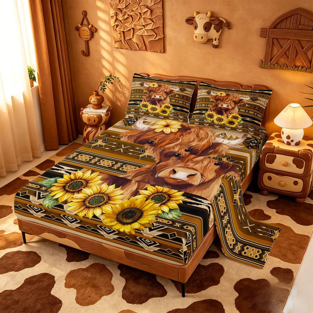 meiyoeat rustic Aztec Highland Cow Bed Sheets,Western Farm Print Full Size Sheets,4-Piece,1 Flat Sheet,1 Fitted Sheet and 2 Pillowcases