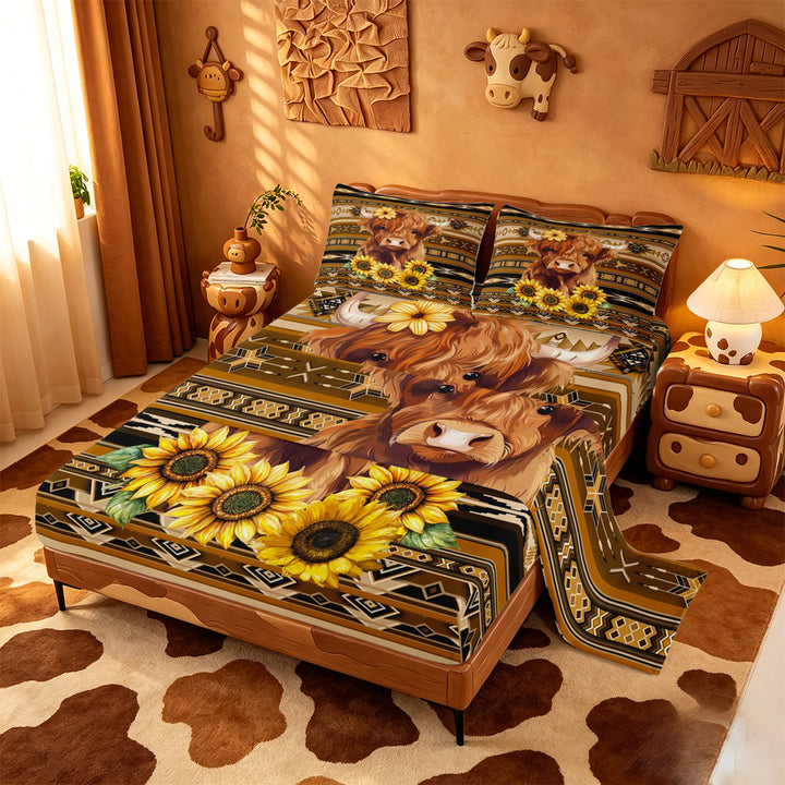 meiyoeat rustic Aztec Highland Cow Bed Sheets,Western Farm Print Full Size Sheets,4-Piece,1 Flat Sheet,1 Fitted Sheet and 2 Pillowcases
