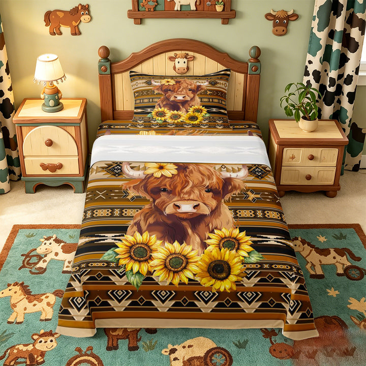 meiyoeat rustic Aztec Highland Cow Bed Sheets,Western Farm Print Full Size Sheets,4-Piece,1 Flat Sheet,1 Fitted Sheet and 2 Pillowcases