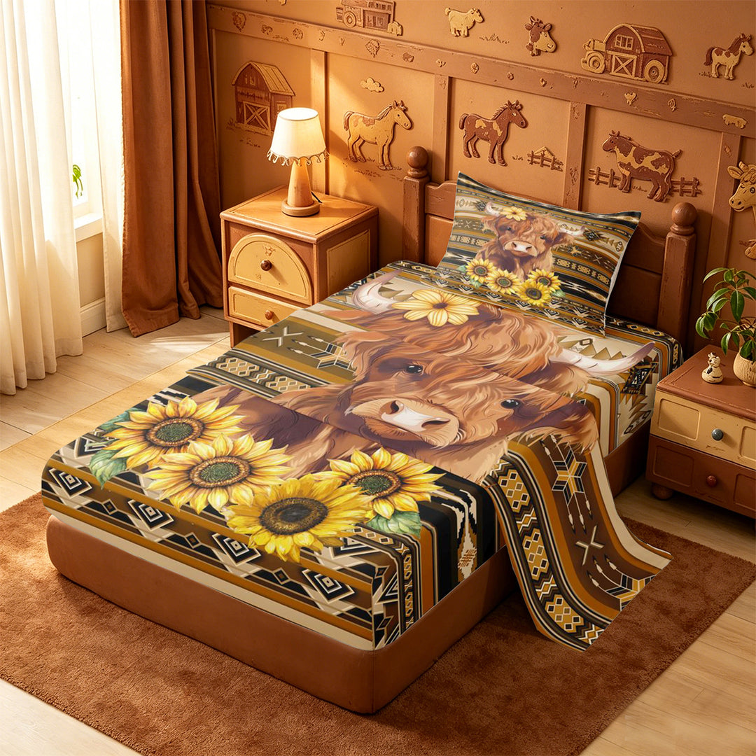meiyoeat rustic Aztec Highland Cow Bed Sheets,Western Farm Print Full Size Sheets,4-Piece,1 Flat Sheet,1 Fitted Sheet and 2 Pillowcases