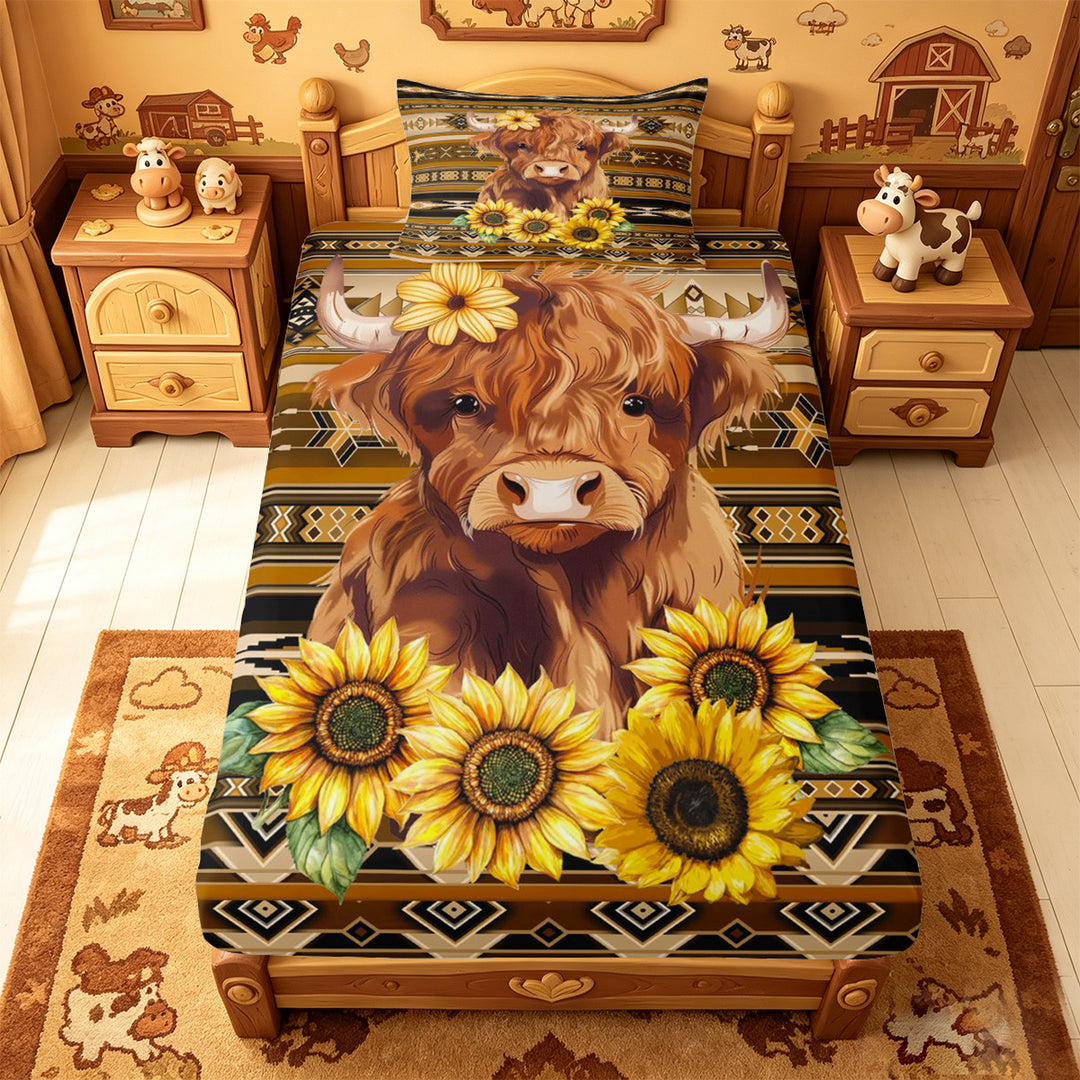 meiyoeat rustic Aztec Highland Cow Bed Sheets,Western Farm Print Full Size Sheets,4-Piece,1 Flat Sheet,1 Fitted Sheet and 2 Pillowcases