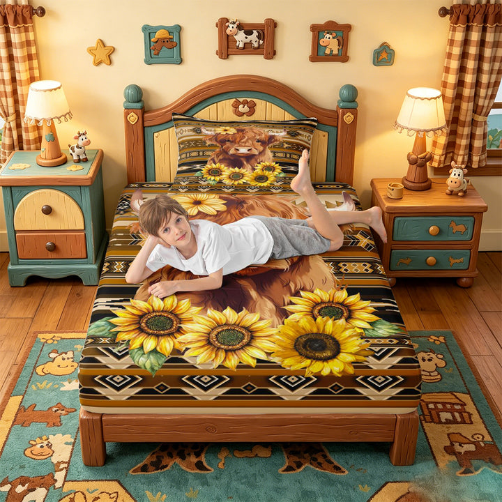 meiyoeat rustic Aztec Highland Cow Bed Sheets,Western Farm Print Full Size Sheets,4-Piece,1 Flat Sheet,1 Fitted Sheet and 2 Pillowcases