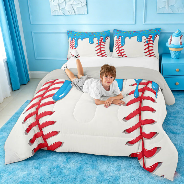 meiyoeat Baseball Ice Cream Full Size Comforter Sets For Kids,Kids Ball Games Bedding Comforter Set For Boys,Light Gray Reversible,3 Pieces