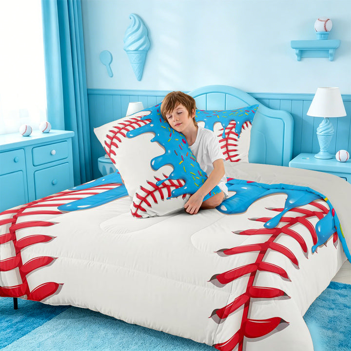 meiyoeat Baseball Ice Cream Full Size Comforter Sets For Kids,Kids Ball Games Bedding Comforter Set For Boys,Light Gray Reversible,3 Pieces