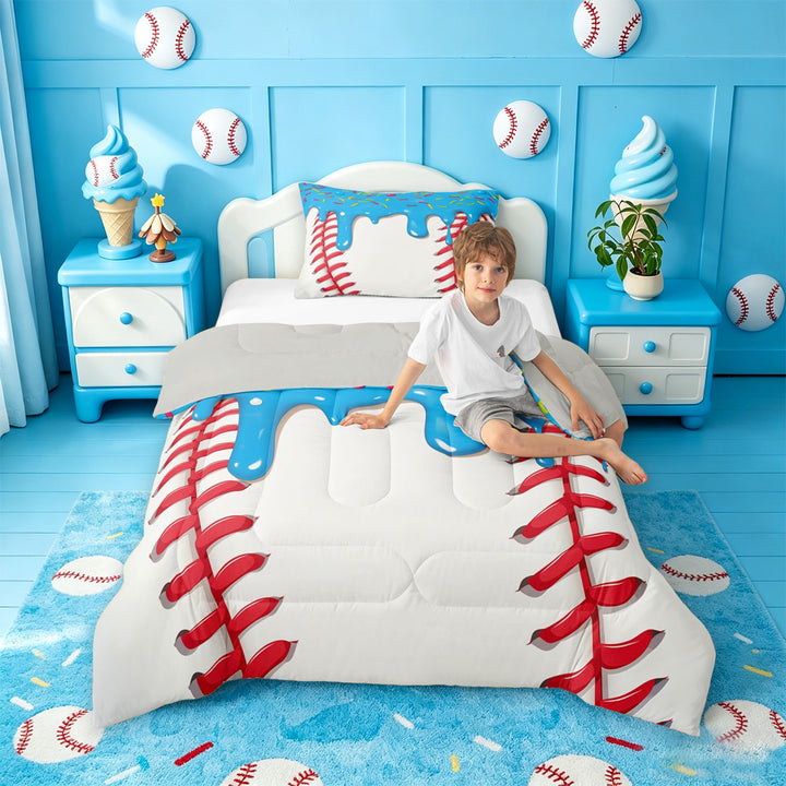 meiyoeat Baseball Ice Cream Full Size Comforter Sets For Kids,Kids Ball Games Bedding Comforter Set For Boys,Light Gray Reversible,3 Pieces