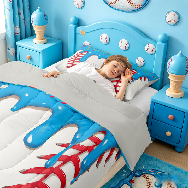 meiyoeat Baseball Ice Cream Full Size Comforter Sets For Kids,Kids Ball Games Bedding Comforter Set For Boys,Light Gray Reversible,3 Pieces