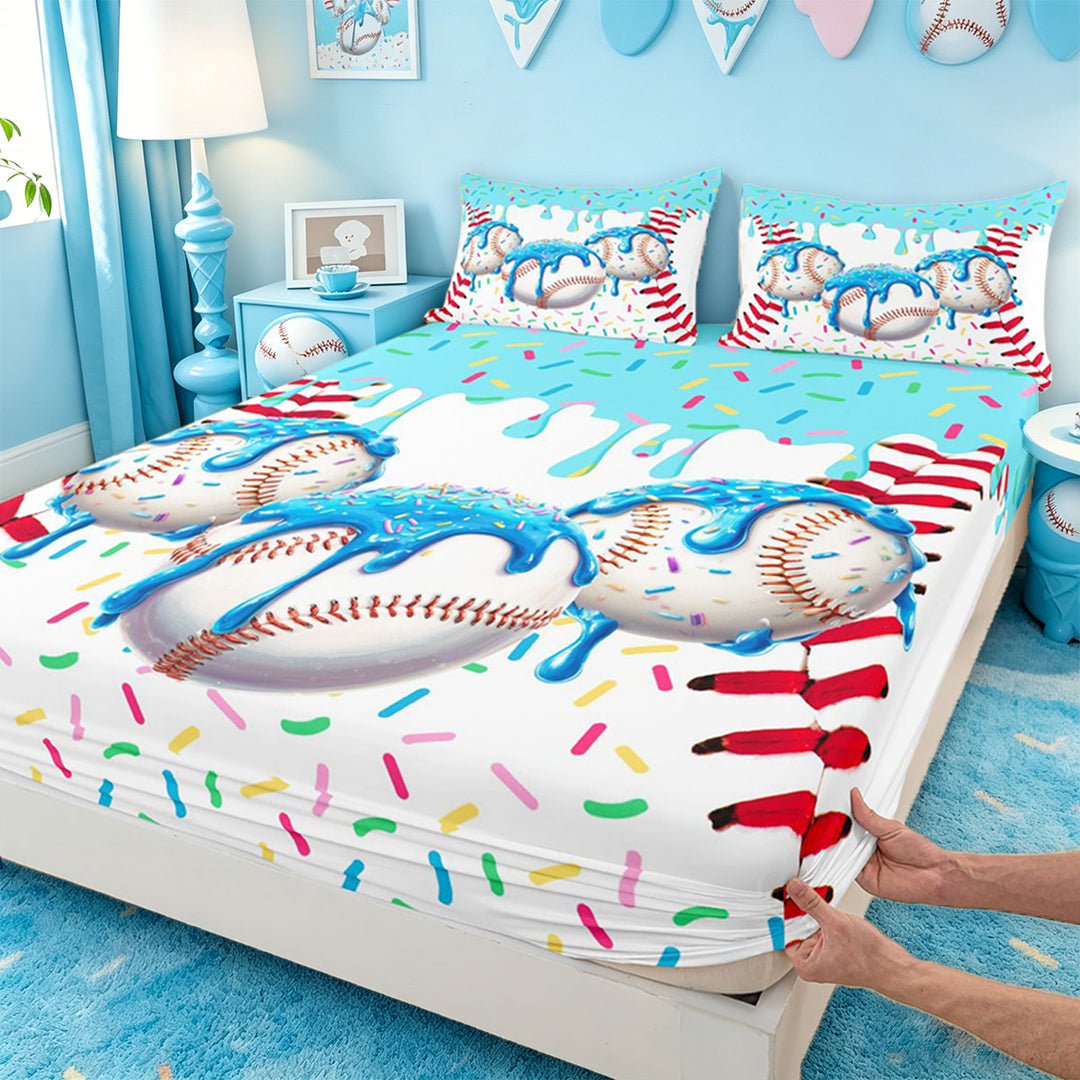 meiyoeat Watercolor Baseball Cream Bed Sheets For Kids,Ball Ice Drip Full Size Sheets For Boys,4 Pieces