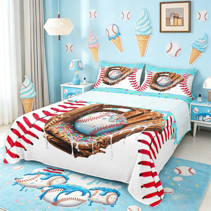 meiyoeat Baseball Sport Gloves Bed Sheets For Boys,Blue Ice Cream Drip Full Size Sheets For Kids,4-Piece