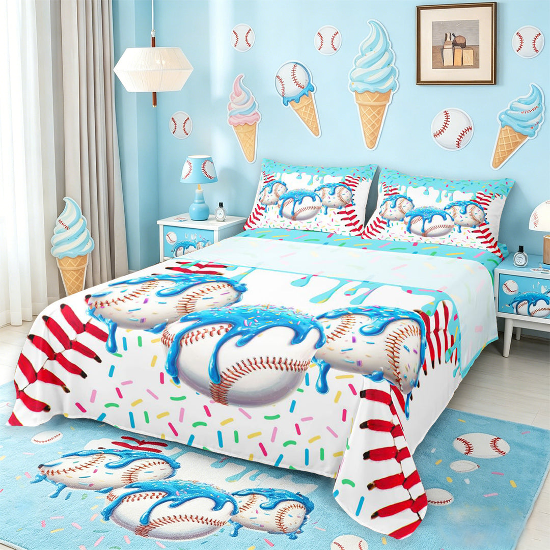 meiyoeat Watercolor Baseball Cream Bed Sheets For Kids,Ball Ice Drip Full Size Sheets For Boys,4 Pieces
