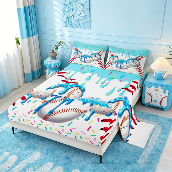 meiyoeat Watercolor Baseball Cream Bed Sheets For Kids,Ball Ice Drip Full Size Sheets For Boys,4 Pieces