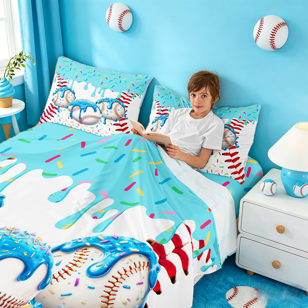 meiyoeat Watercolor Baseball Cream Bed Sheets For Kids,Ball Ice Drip Full Size Sheets For Boys,4 Pieces