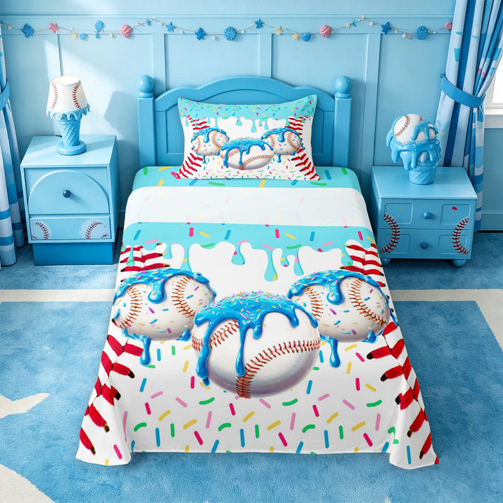 meiyoeat Watercolor Baseball Cream Bed Sheets For Kids,Ball Ice Drip Full Size Sheets For Boys,4 Pieces