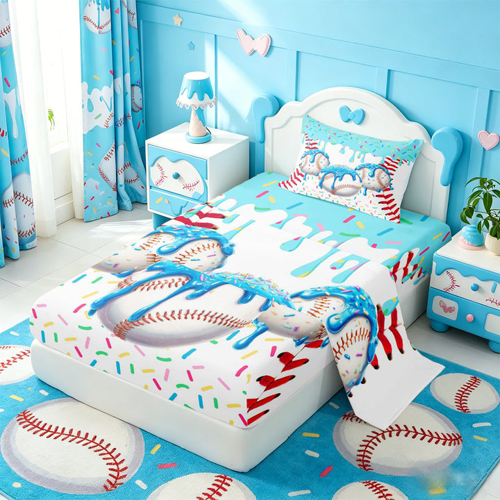 meiyoeat Watercolor Baseball Cream Bed Sheets For Kids,Ball Ice Drip Full Size Sheets For Boys,4 Pieces
