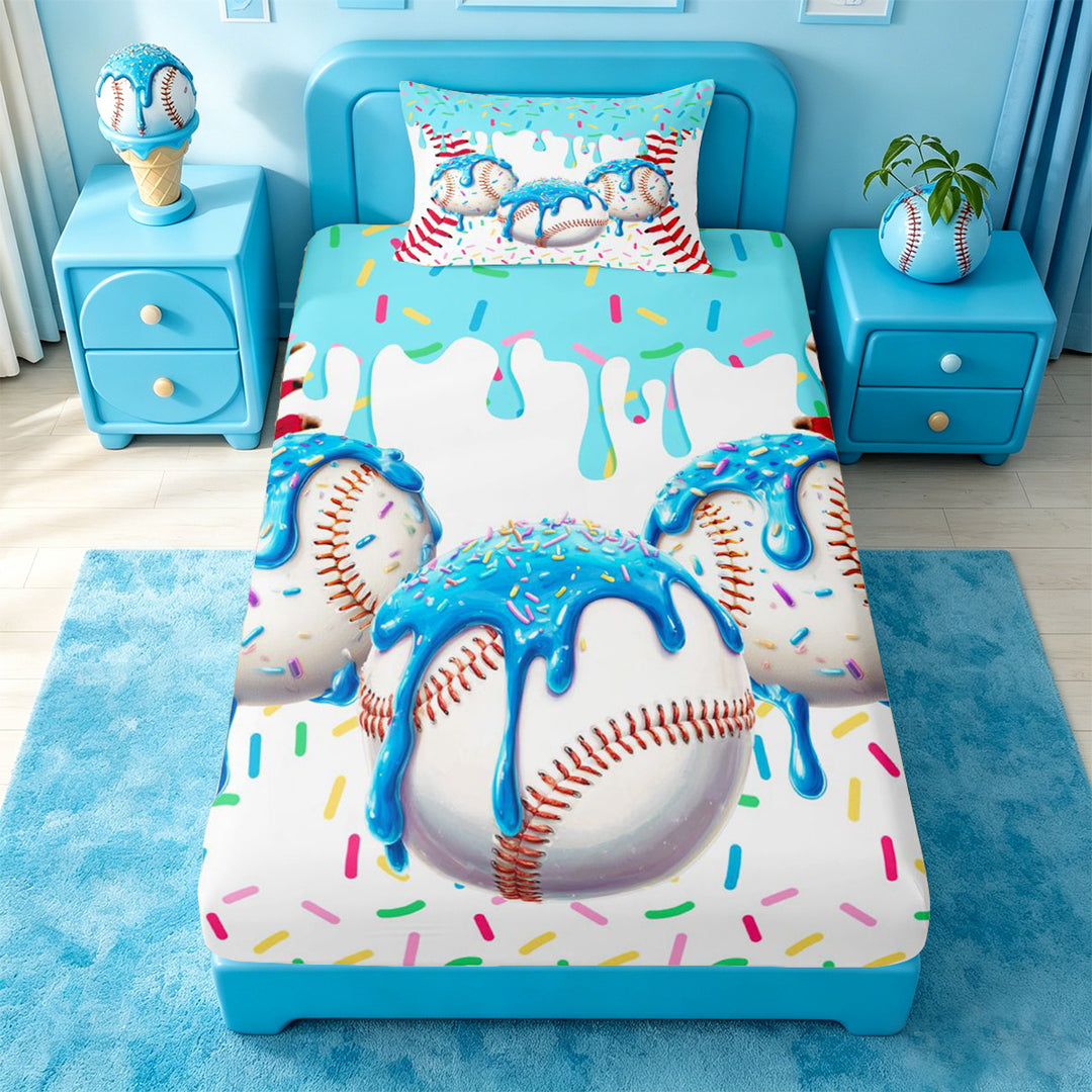 meiyoeat Watercolor Baseball Cream Bed Sheets For Kids,Ball Ice Drip Full Size Sheets For Boys,4 Pieces