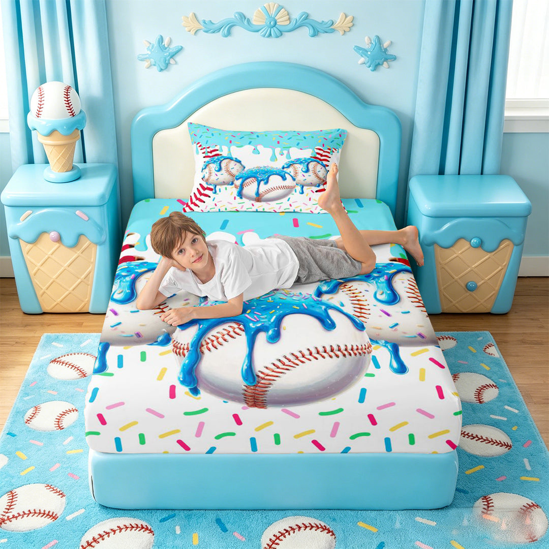 meiyoeat Watercolor Baseball Cream Bed Sheets For Kids,Ball Ice Drip Full Size Sheets For Boys,4 Pieces