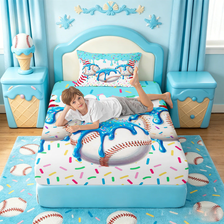 meiyoeat Watercolor Baseball Cream Bed Sheets For Kids,Ball Ice Drip Full Size Sheets For Boys,4 Pieces